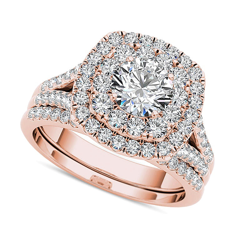 2.0 CT. TW Diamond Double Cushion Frame Split Shank Bridal Set in 14K Rose Gold