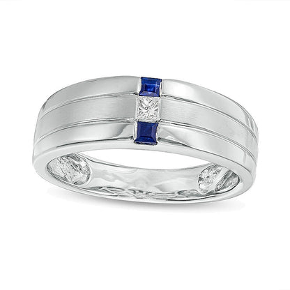 Square-Cut Blue Sapphire and 0.07 CT. Diamond Linear Three Stone Ring in 10KWhite Gold