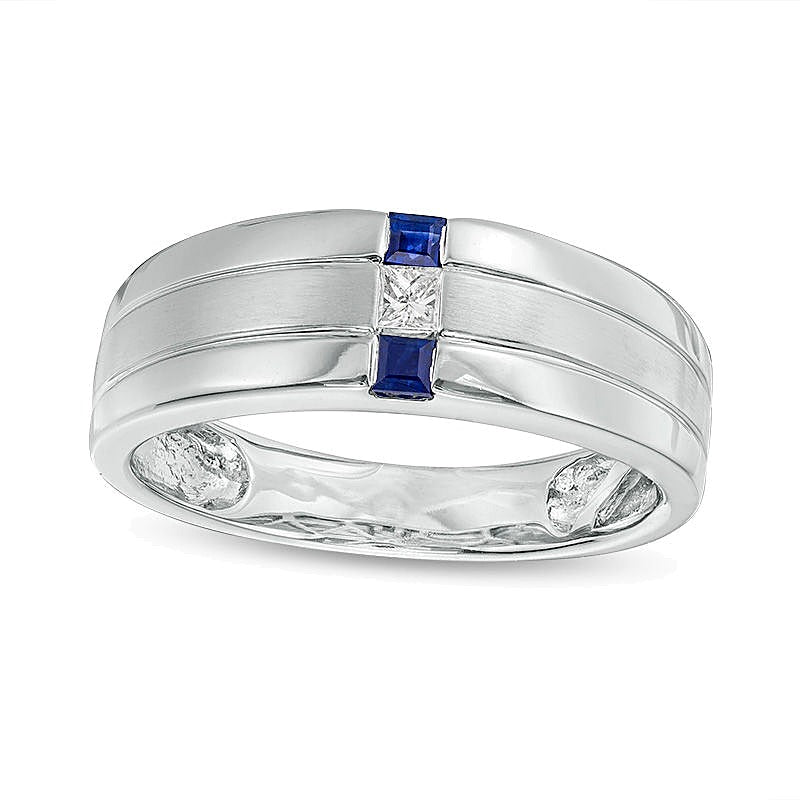 Square-Cut Blue Sapphire and 0.07 CT. Diamond Linear Three Stone Ring in 10KWhite Gold