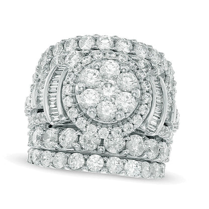 6.0 CT. TW Multi-Diamond Frame Collared Three Piece Bridal Set in 14K White Gold