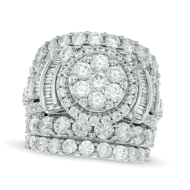 6.0 CT. TW Multi-Diamond Frame Collared Three Piece Bridal Set in 14K White Gold