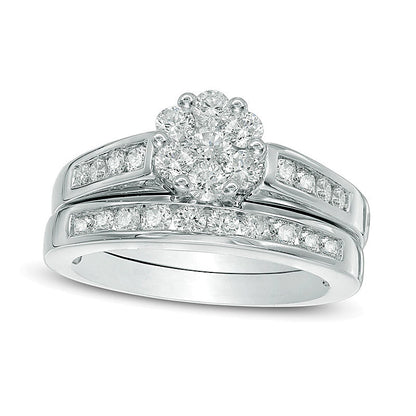 1.0 CT. TW Multi-Diamond Flower Bridal Set in 10K White Gold