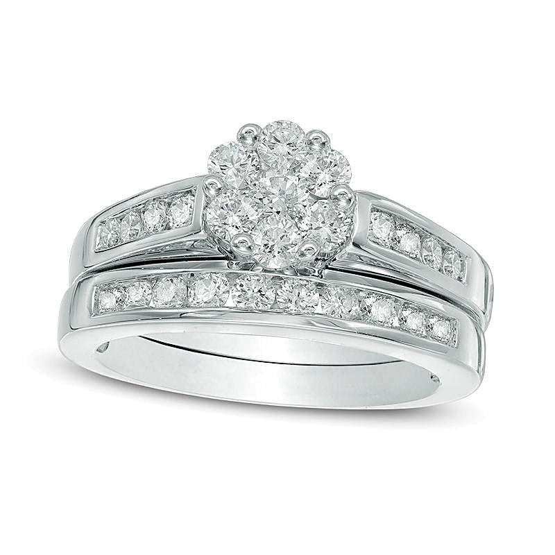 1.0 CT. TW Multi-Diamond Flower Bridal Set in 10K White Gold