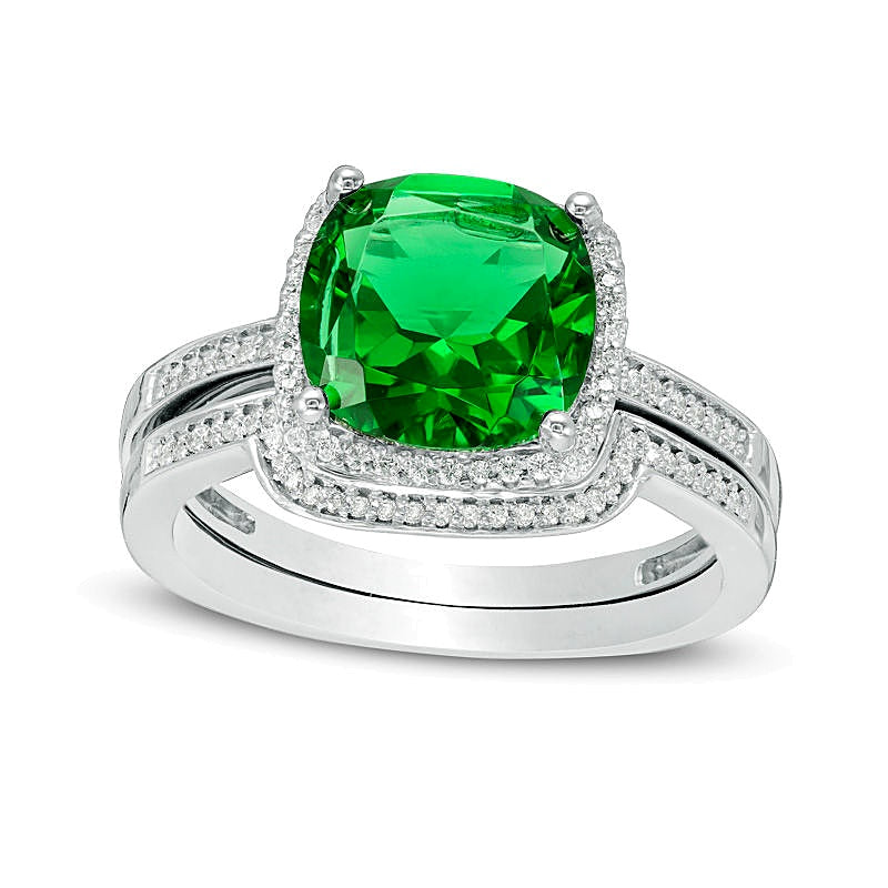 9.0mm Cushion-Cut Lab-Created Emerald and 0.2 CT. TW Diamond Frame Bridal Set in 10K White Gold