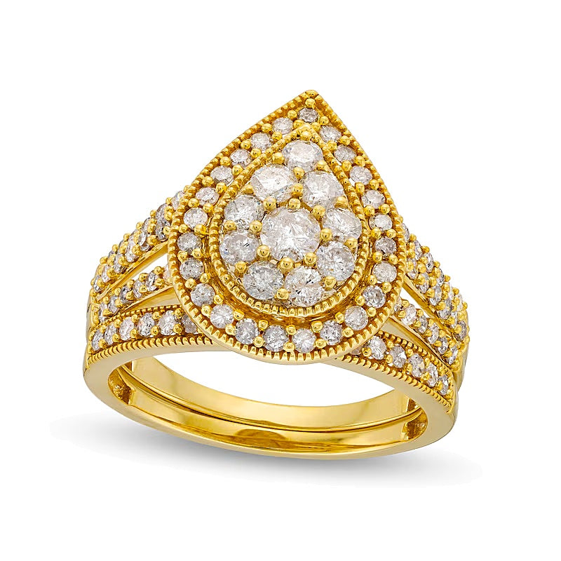 1.25 CT. TW Pear Multi-Diamond Teardrop Frame Split Shank Vintage-Style Bridal Set in 10K Gold