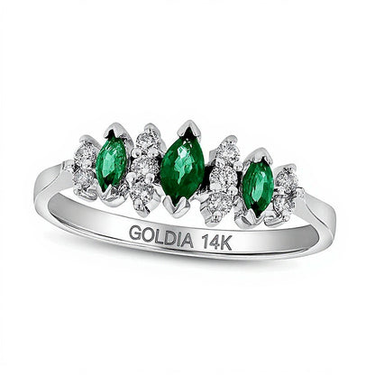 Marquise Emerald and 0.17 CT. TW Diamond Seven Stone Illusion Anniversary Ring in 14K White Gold