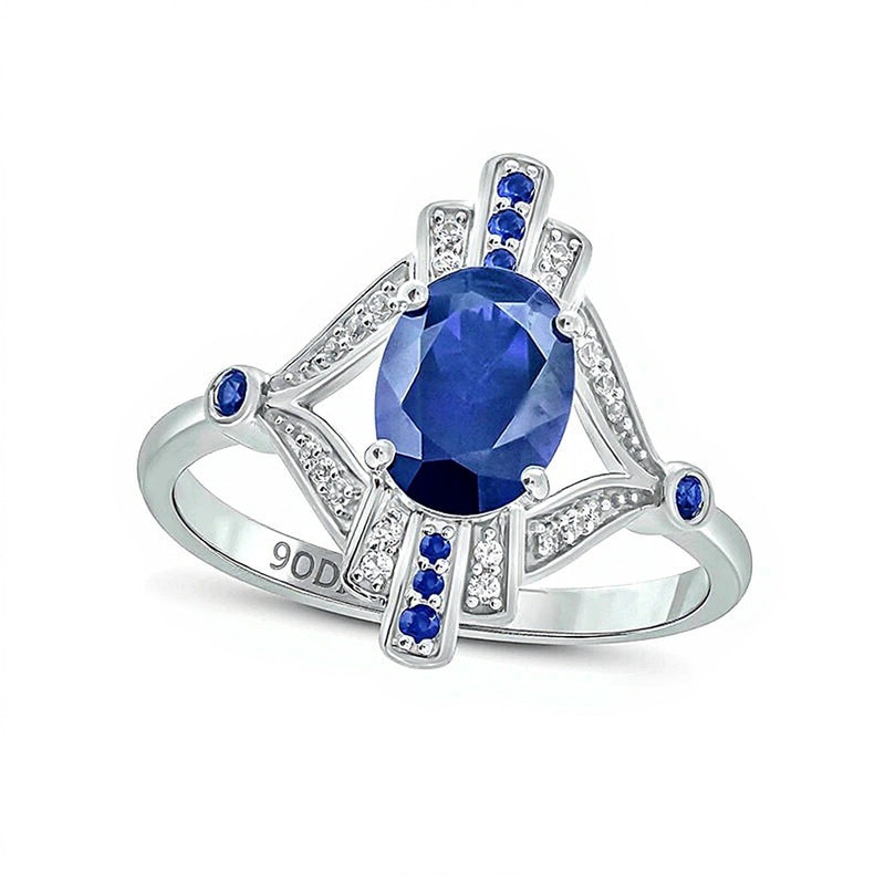 Oval Lab-Created Blue Sapphire and 0.07 CT. TW Diamond Art Deco Evil Eye Ring in Sterling Silver