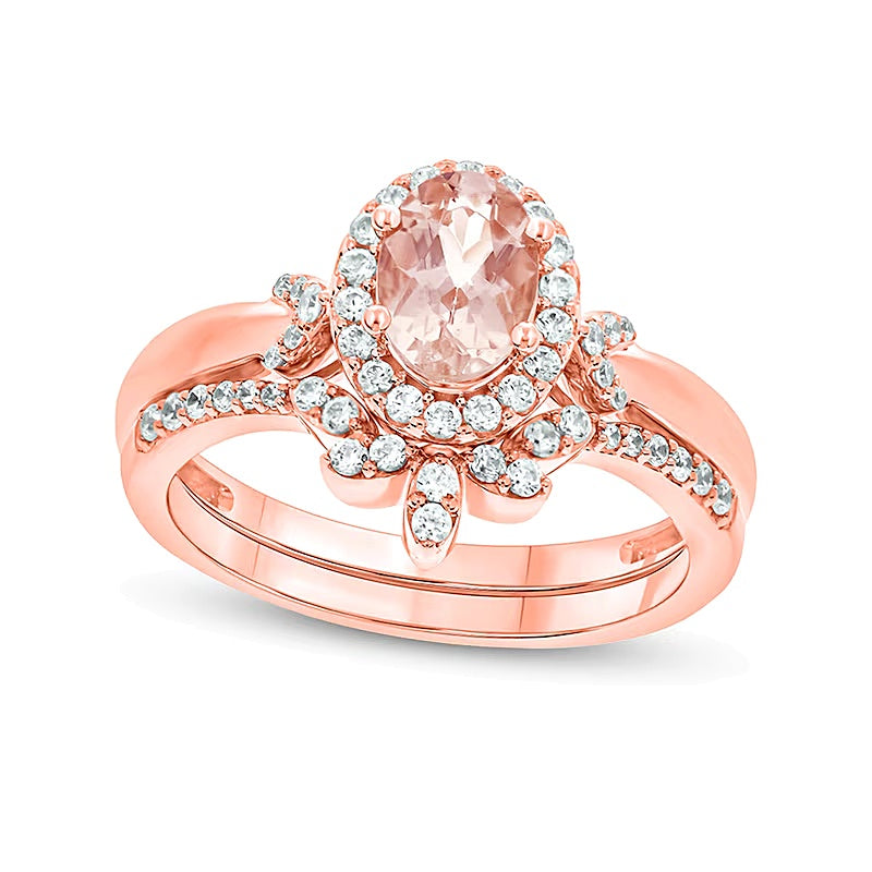 Oval Morganite and 0.33 CT. TW Diamond Frame and Collar Crown Bridal Set in 10K Rose Gold