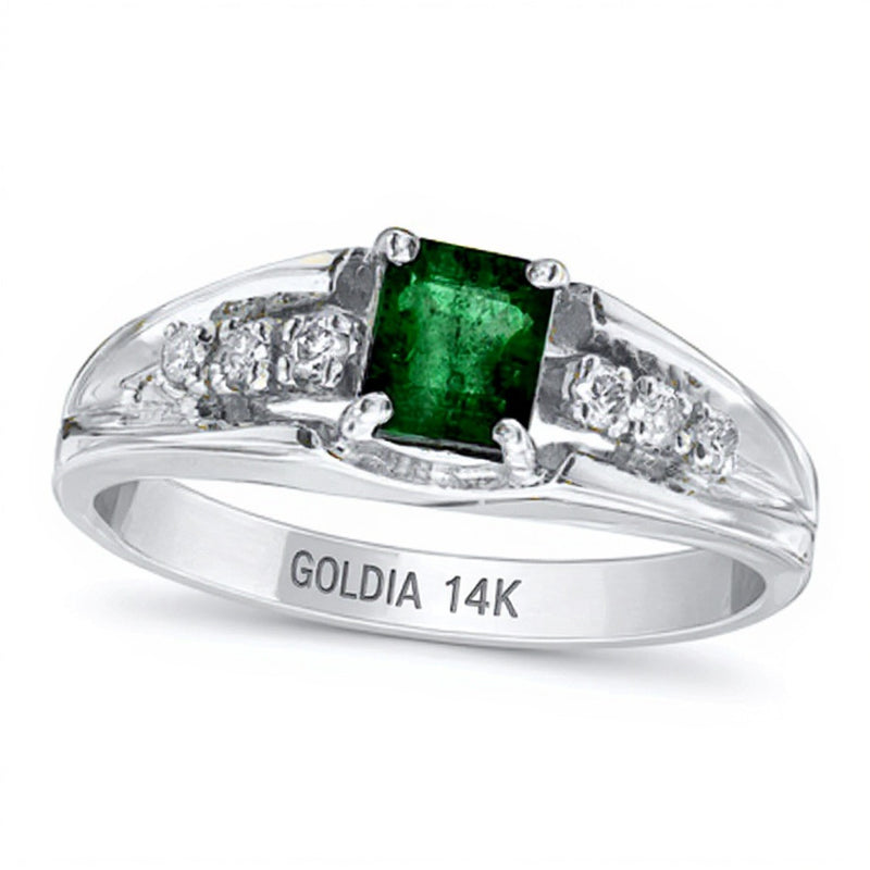 Emerald-Cut Emerald and Diamond Accent Engagement Ring in 14K White Gold