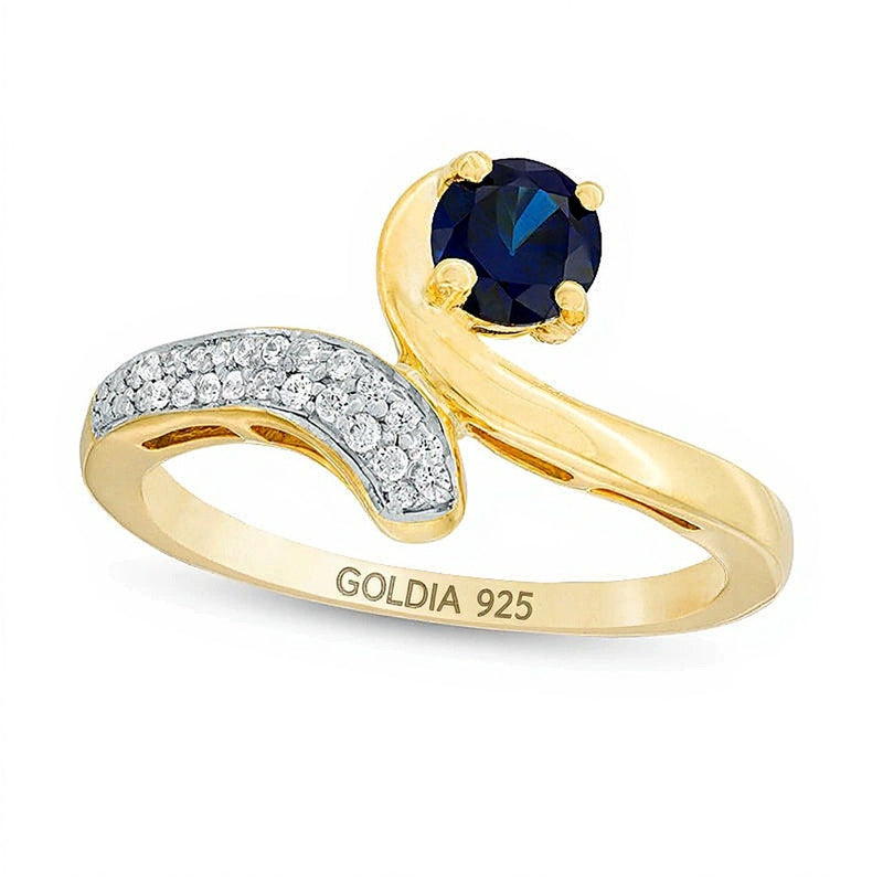 5.0mm Lab-Created Blue Sapphire and 0.1 CT. TW Diamond Bypass Ring in Sterling Silver with 14K Gold Plate