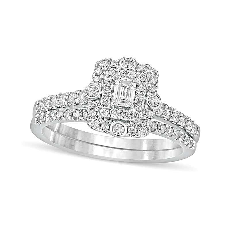 0.63 CT. TW Emerald-Cut Double Diamond Frame Bridal Set in 10K White Gold