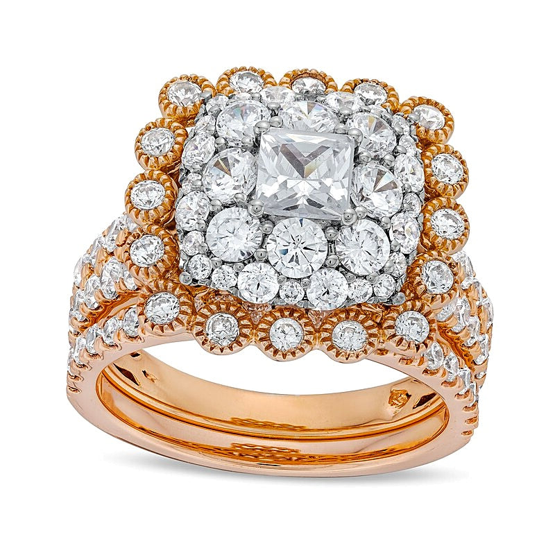 2.75 CT. TW Cushion Multi-Diamond Bubble Frame Vintage-Style Bridal Set in 10K Rose Gold