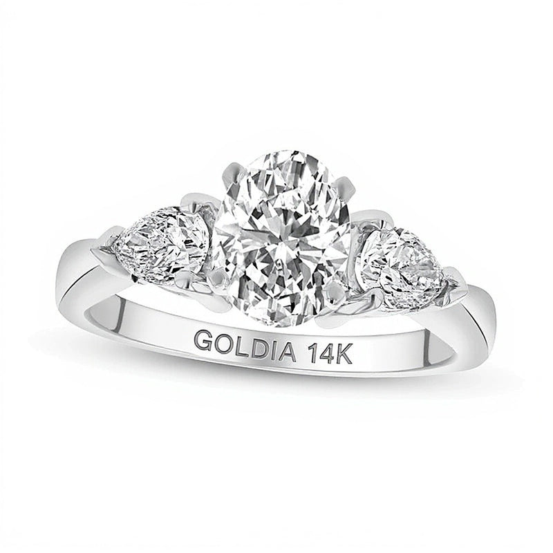 1.63 CT. TW Oval and Pear-Shaped Diamond Three Stone Tapered Shank Engagement Ring in 14K White Gold (I/SI2)