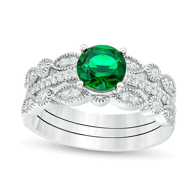 6.5mm Lab-Created Emerald and 0.25 CT. TW Diamond Vintage-Style Three Piece Bridal Set in Sterling Silver