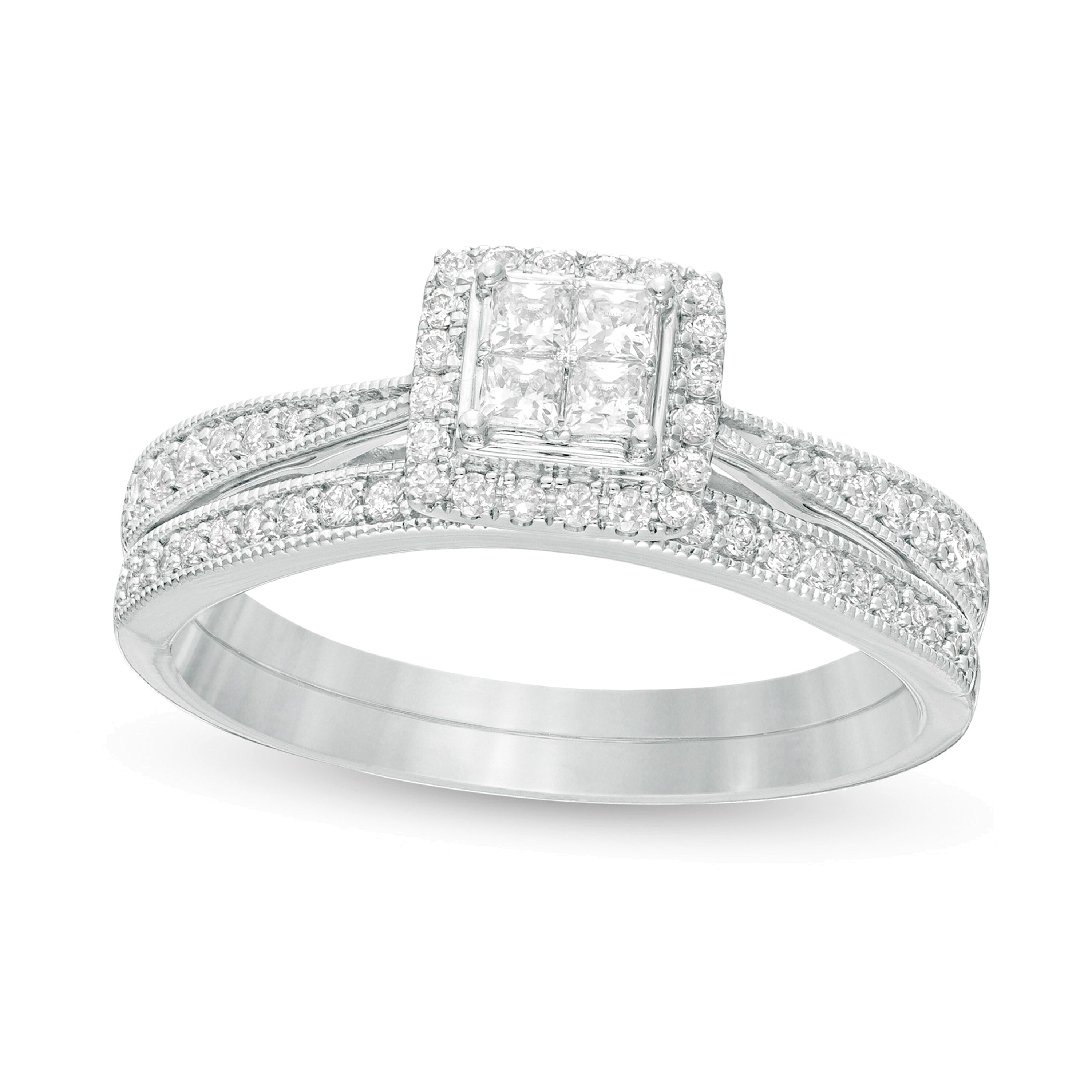 0.38 CT. TW Quad Princess-Cut Diamond Frame Vintage-Style Bridal Set in 10K White Gold