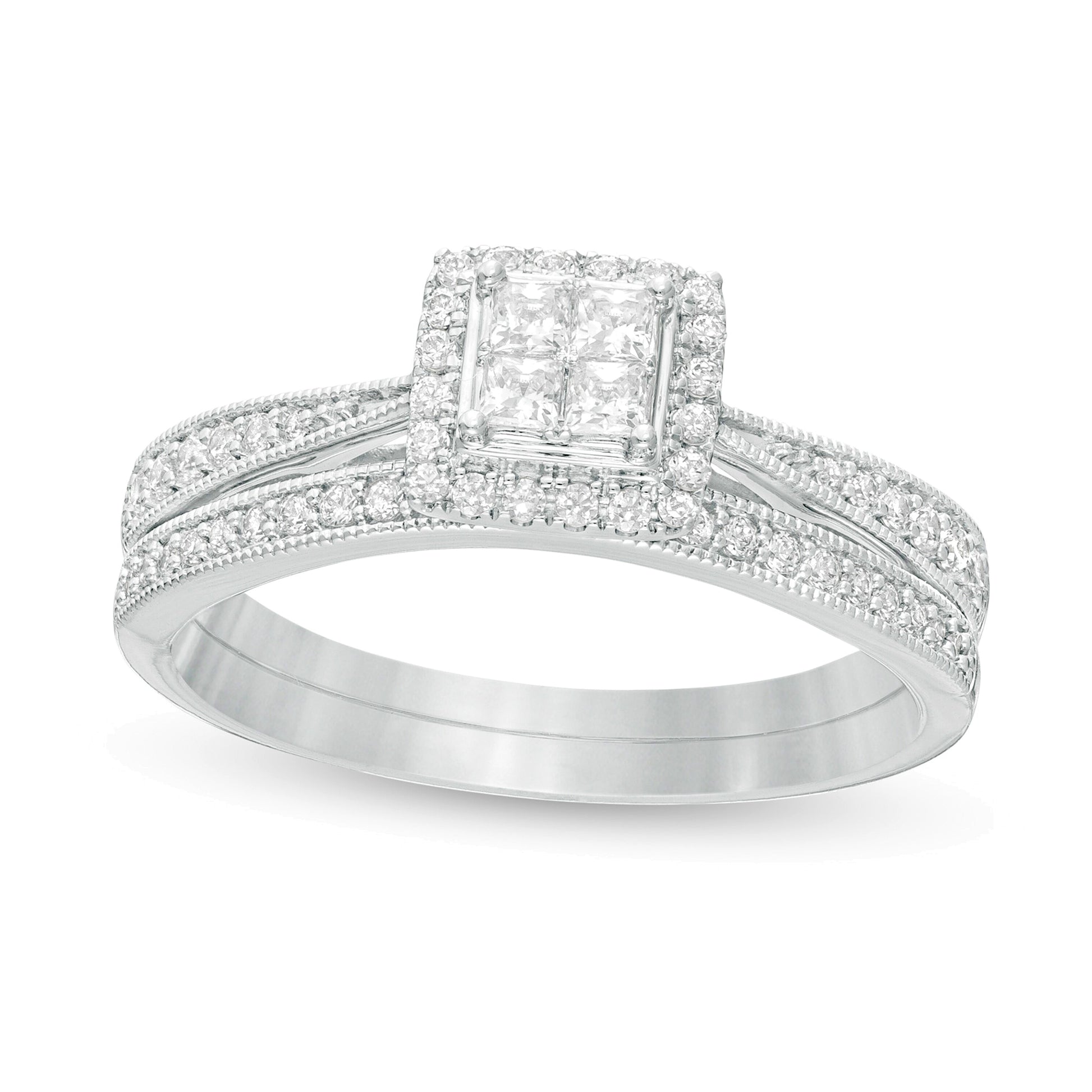 0.38 CT. TW Quad Princess-Cut Diamond Frame Vintage-Style Bridal Set in 10K White Gold