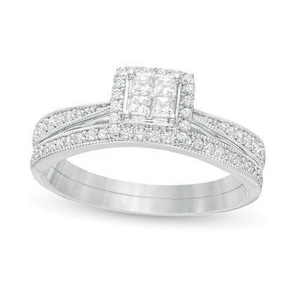 0.38 CT. TW Quad Princess-Cut Diamond Frame Vintage-Style Bridal Set in 10K White Gold