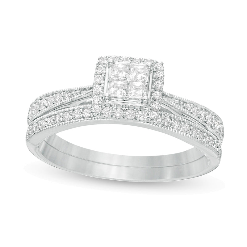 0.38 CT. TW Quad Princess-Cut Diamond Frame Vintage-Style Bridal Set in 10K White Gold