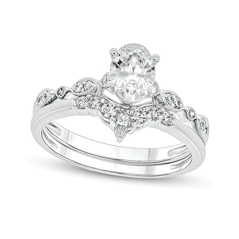 0.75 CT. TW Oval Diamond Contour Vintage-Style Bridal Set in 14K White Gold (I/I2)