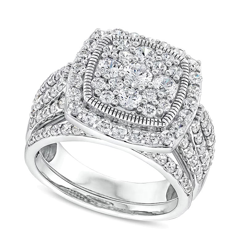 2.0 CT. TW Cushion Multi-Diamond Frame Split Shank Vintage-Style Bridal Set in 10K White Gold