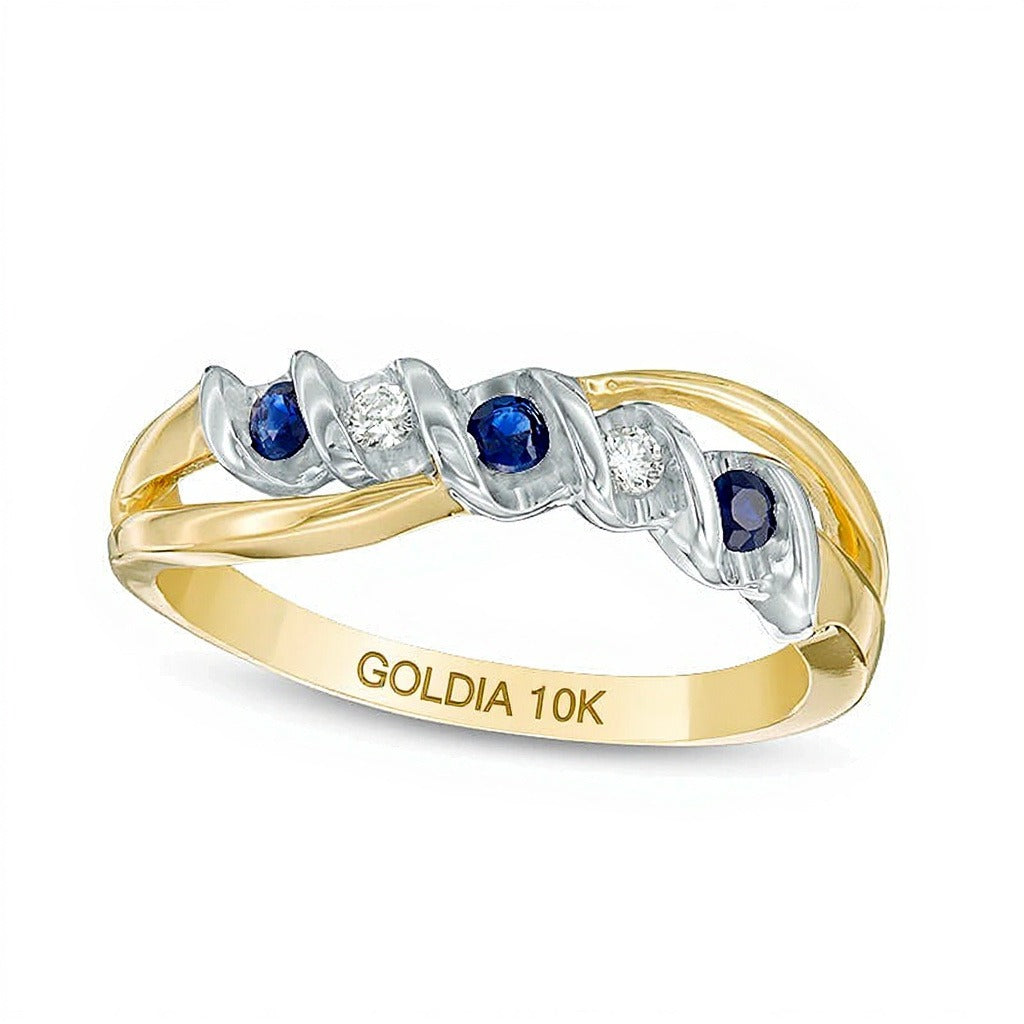 Blue Sapphire and Diamond Accent Split Shank Overlay Ring in 10K Two-Tone Gold