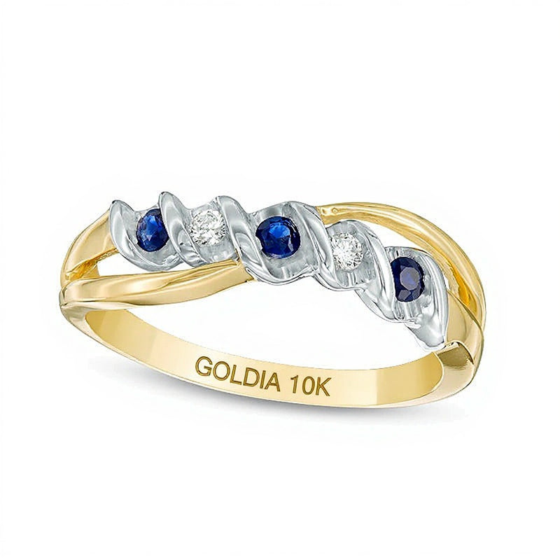 Blue Sapphire and Diamond Accent Split Shank Overlay Ring in 10K Two-Tone Gold