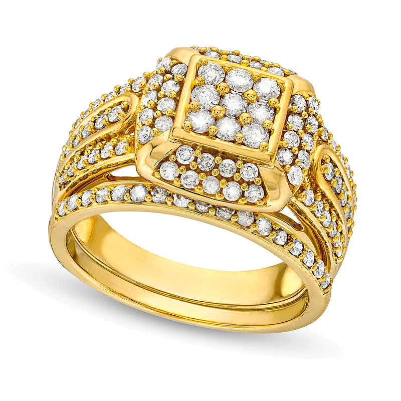 1.0 CT. TW Princess Multi-Diamond Cushion Frame Bridal Set in 10K Gold