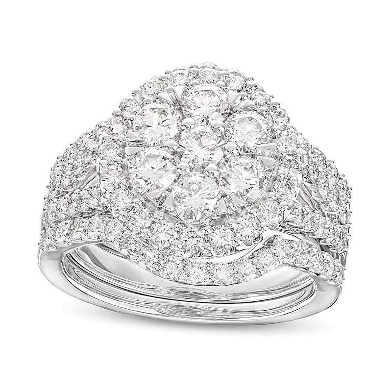 2.25 CT. TW Multi-Diamond Frame Multi-Row Split Shank Three Piece Bridal Set in 14K White Gold