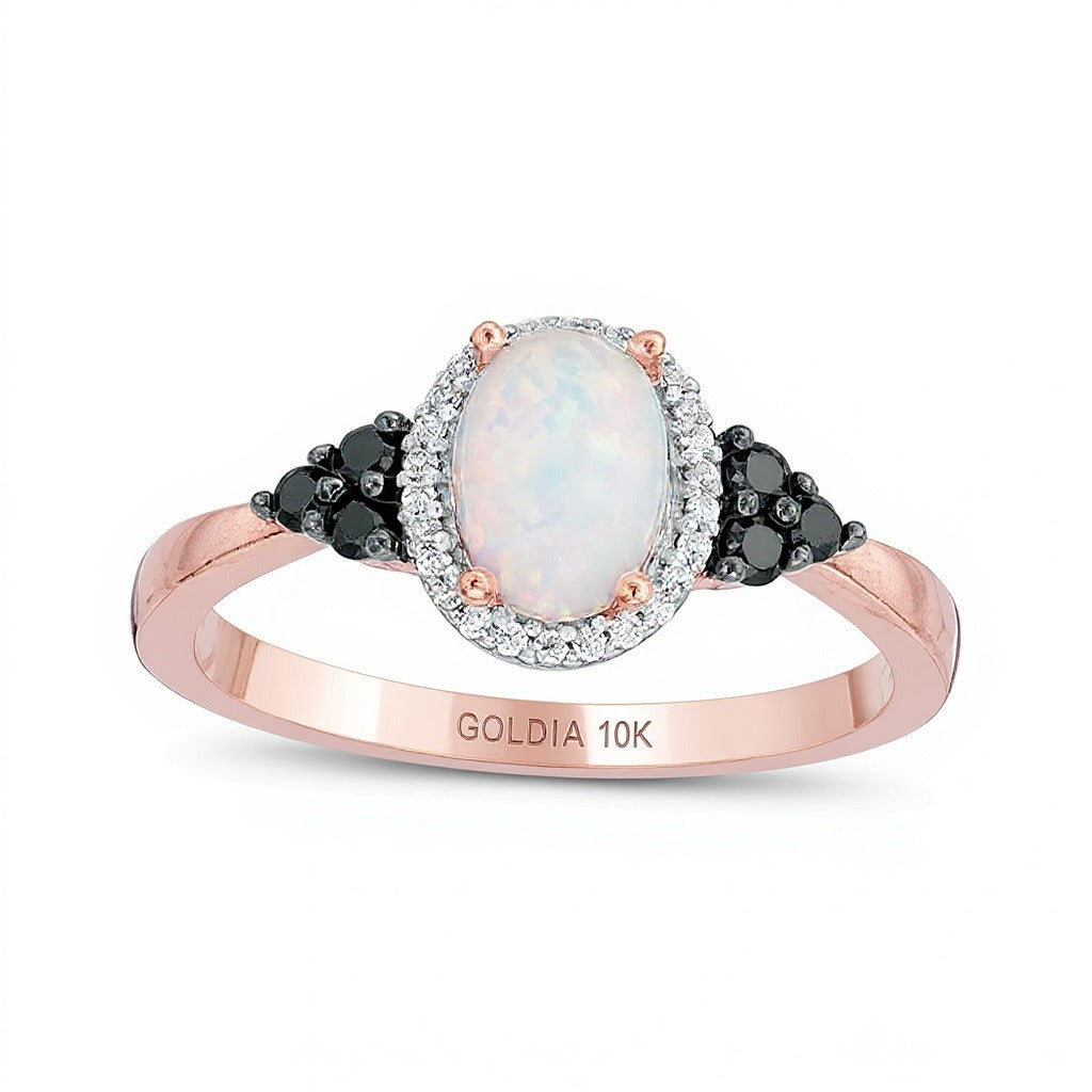 Oval Lab-Created Opal and 0.17 CT. TW Enhanced Black and White Diamond Frame Tri-Sides Ring in 10K Rose Gold