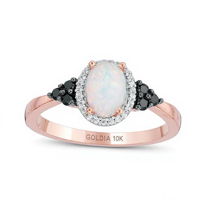 Oval Lab-Created Opal and 0.17 CT. TW Enhanced Black and White Diamond Frame Tri-Sides Ring in 10K Rose Gold