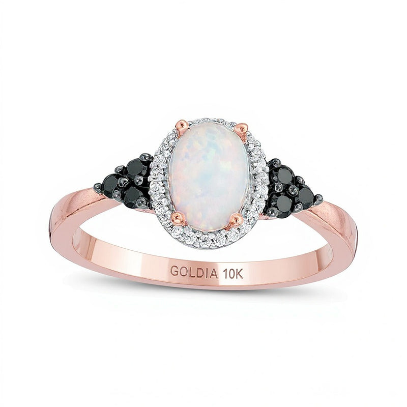 Oval Lab-Created Opal and 0.17 CT. TW Enhanced Black and White Diamond Frame Tri-Sides Ring in 10K Rose Gold
