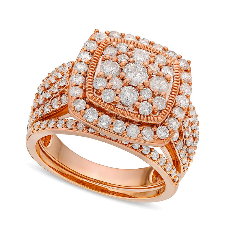 2.0 CT. TW Cushion Multi-Diamond Frame Split Shank Vintage-Style Bridal Set in 10K Rose Gold