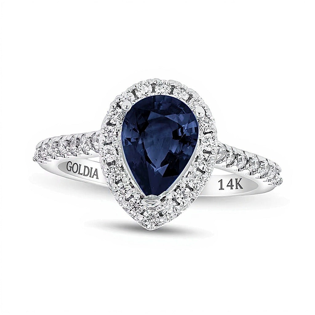Pear-Shaped Blue Sapphire and 0.38 CT. TW Diamond Frame Ring in 14K White Gold