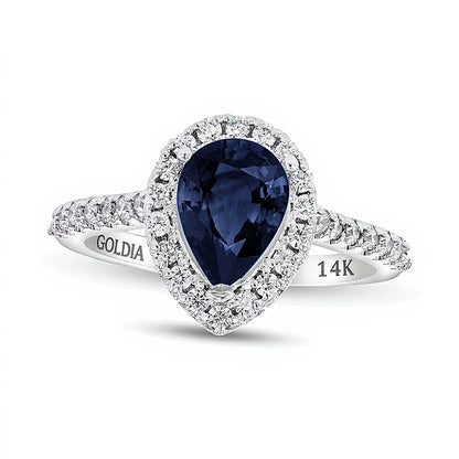 Pear-Shaped Blue Sapphire and 0.38 CT. TW Diamond Frame Ring in 14K White Gold