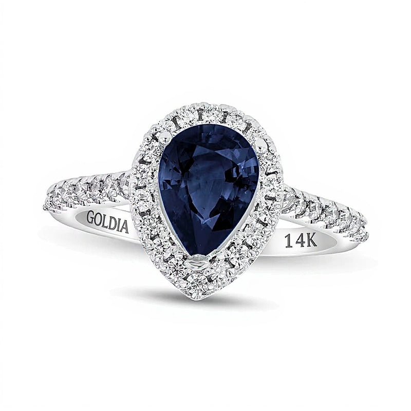 Pear-Shaped Blue Sapphire and 0.38 CT. TW Diamond Frame Ring in 14K White Gold