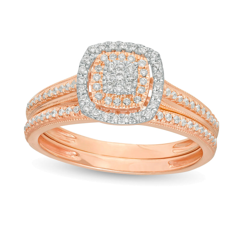 0.33 CT. TW Composite Diamond Double Cushion Frame Vintage-Style Bridal Set in 10K Rose Gold