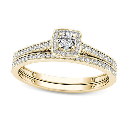 0.33 CT. TW Diamond Cushion Frame Vintage-Style Bridal Set in 14K Gold