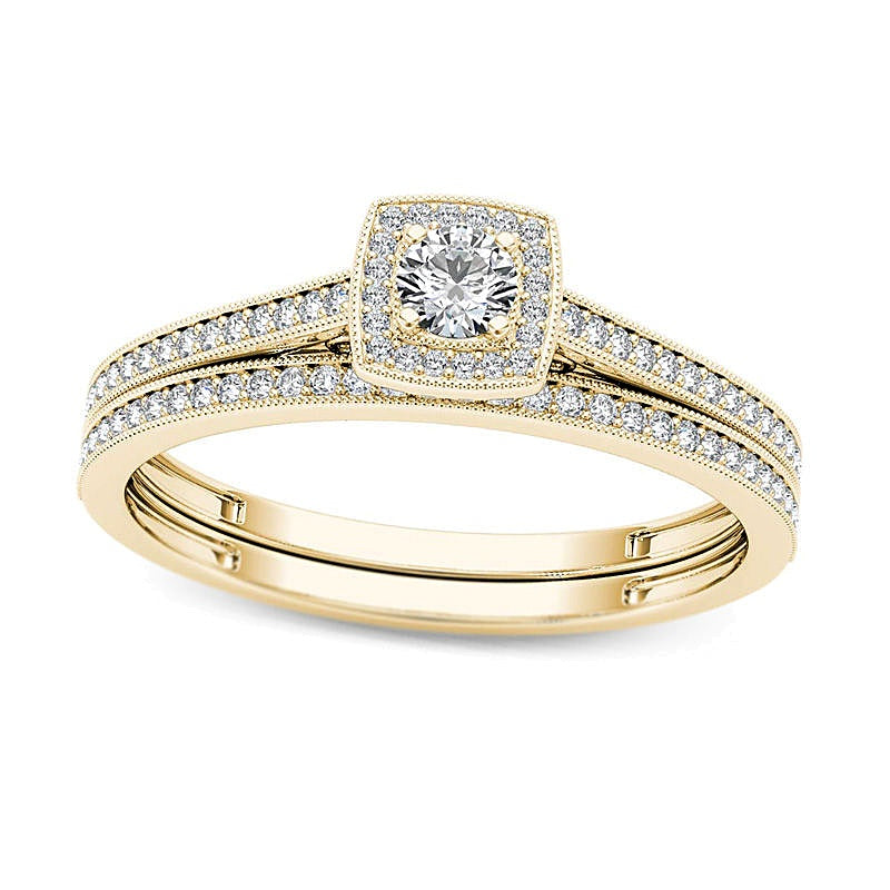 0.33 CT. TW Diamond Cushion Frame Vintage-Style Bridal Set in 14K Gold