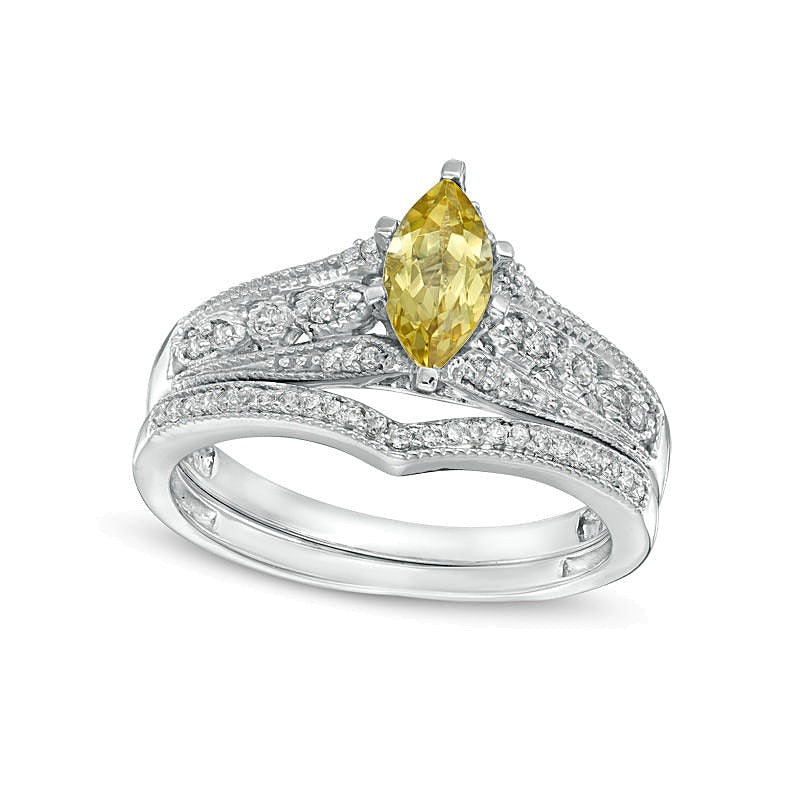 Marquise Yellow Beryl and 0.2 CT. TW Diamond Vintage-Style Bridal Set in 10K White Gold