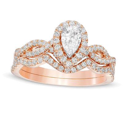 1.0 CT. TW Pear-Shaped Diamond Frame Twist Split Shank Bridal Set in 14K Rose Gold