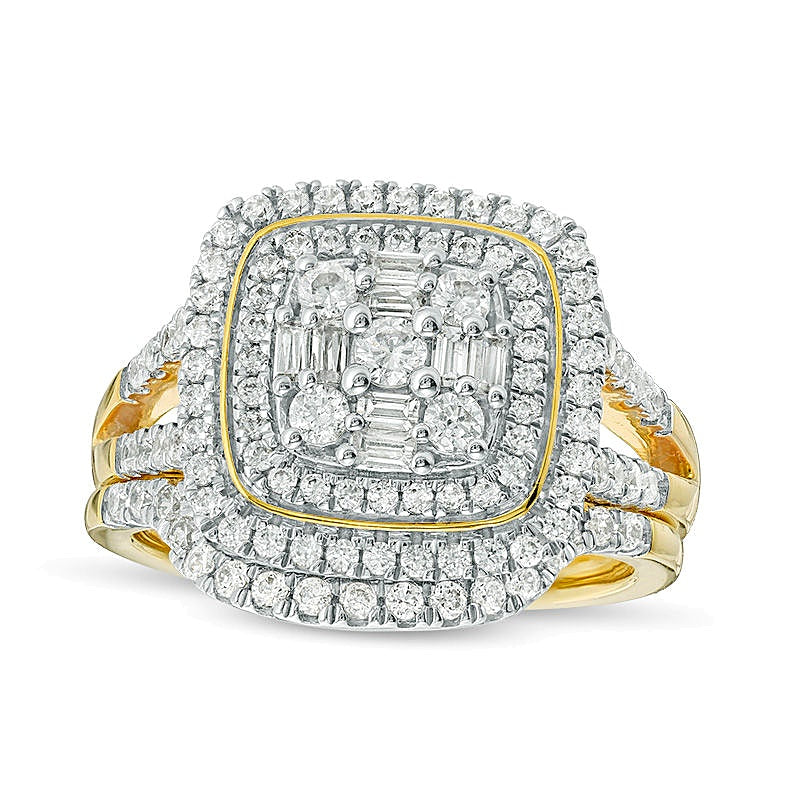 1.0 CT. TW Multi-Diamond Double Cushion Frame Bridal Set in 10K Gold