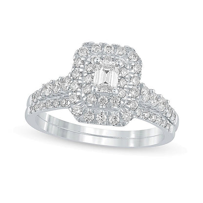 1.0 CT. TW Emerald-Cut Diamond Frame Bridal Set in 10K White Gold