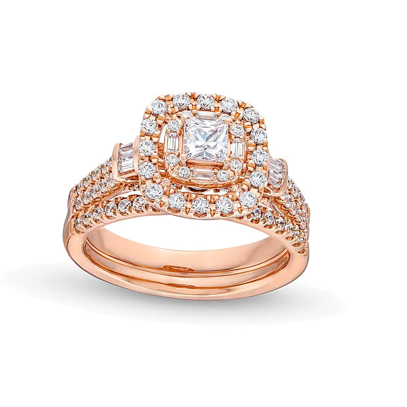 1.0 CT. TW Princess-Cut Diamond Cushion Frame Double Row Bridal Set in 10K Rose Gold