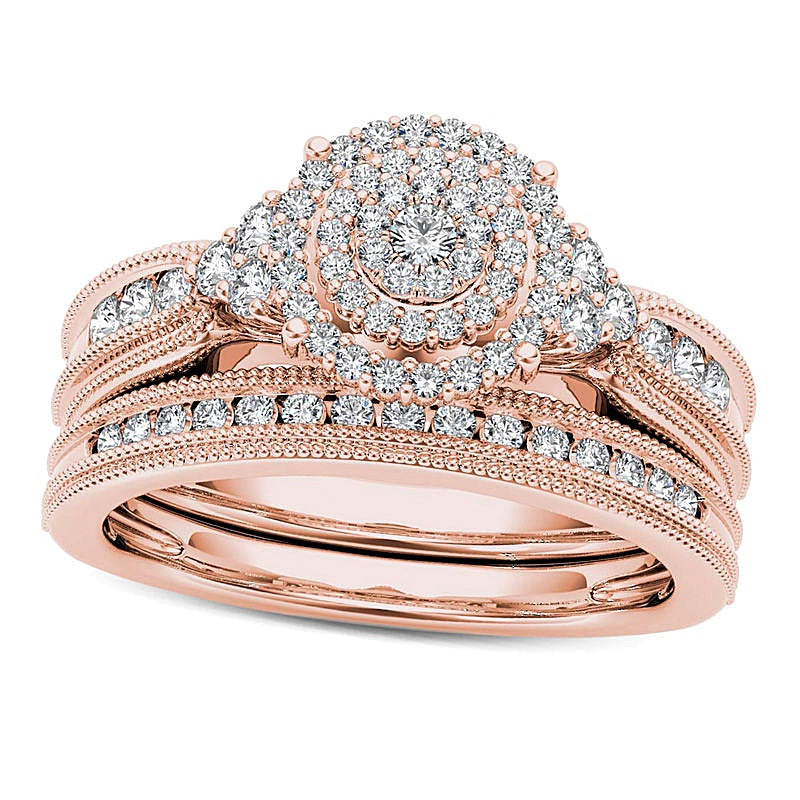 0.5 CT. TW Diamond Triple Frame Tri-Sides Vintage-Style Bridal Set in 10K Rose Gold
