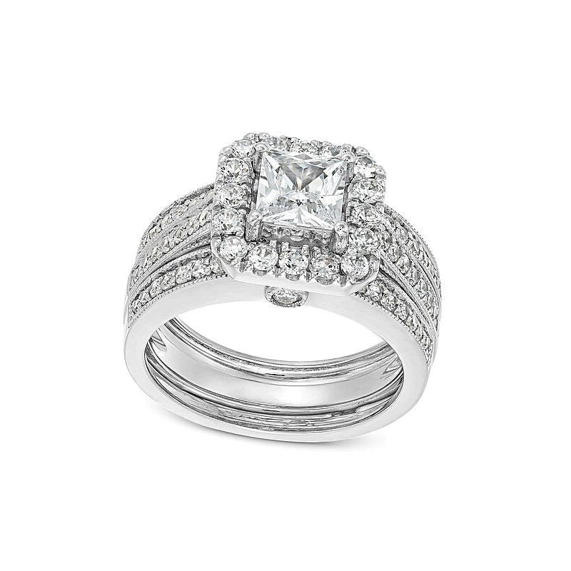 2.0 CT. TW Princess-Cut Lab-Grown Diamond Cushion-Shaped Frame Bridal Set in 14K White Gold (F/VS2)