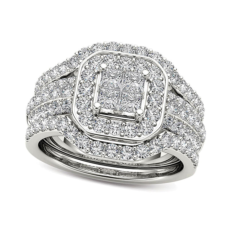 1.75 CT. TW Quad Princess-Cut Diamond Frame Three Piece Bridal Set in 14K White Gold