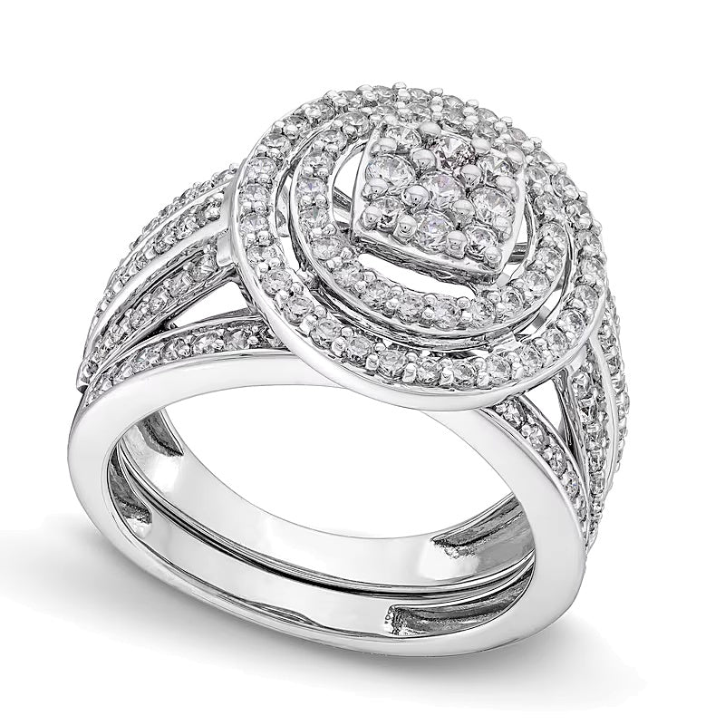 1.0 CT. TW Cushion Multi-Diamond Triple Row Split Shank Bridal Set in 10K White Gold