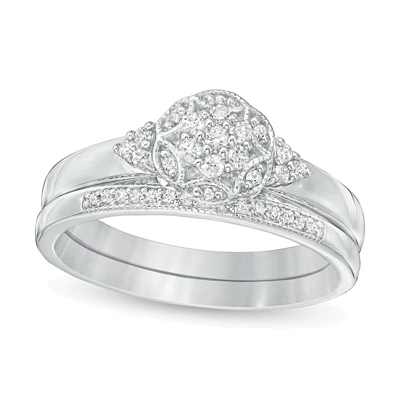 0.25 CT. TW Composite Diamond Hexagonal Frame Tri-Sides Vintage-Style Bridal Set in Sterling Silver
