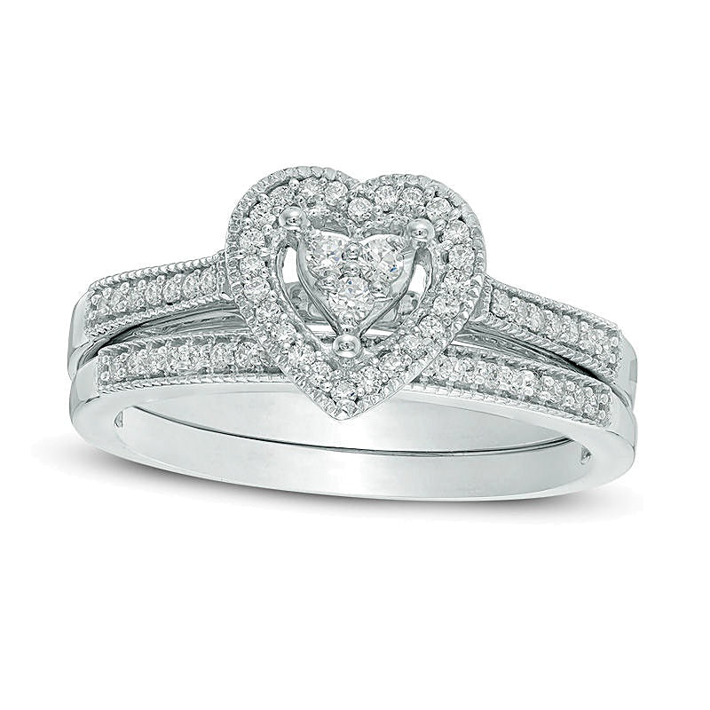 0.2 CT. TW Diamond Composite Heart Frame Bridal Set in Sterling Silver