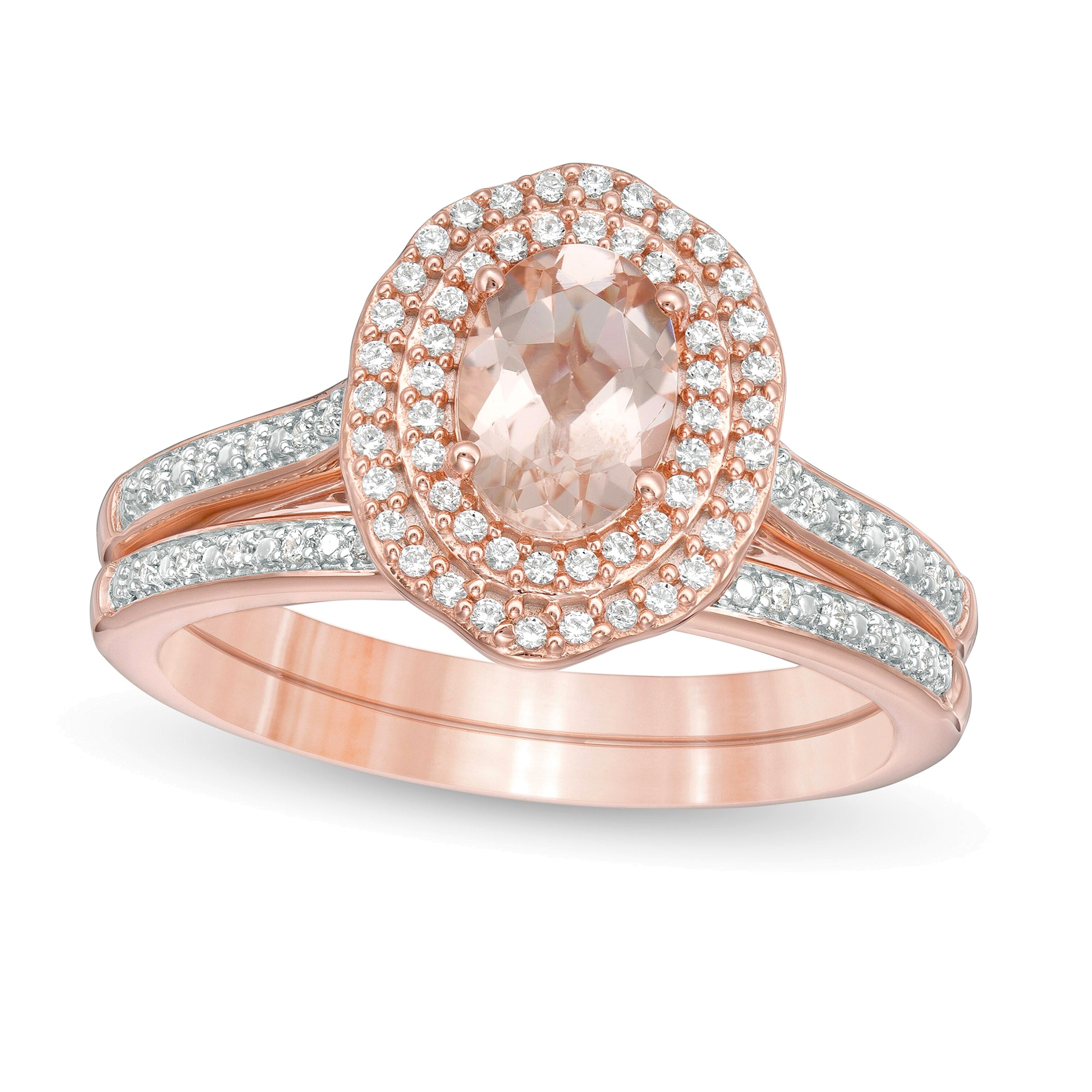 Oval Morganite and 0.25 CT. TW diamond Double Frame Floral Bridal Set in 10K Rose Gold